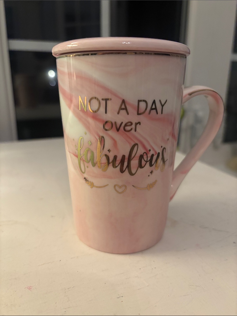 Pink Marble Lidded Mug with Gold 'Not a Day Over Fabulous' Script